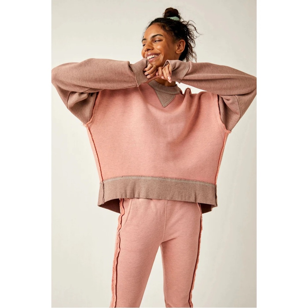 Free People Pink and Brown Crew Neck Sweater